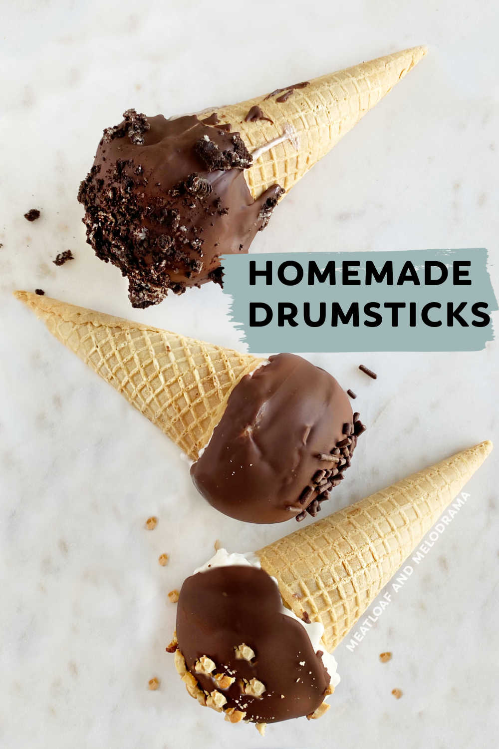 Homemade Drumsticks ice cream cones topped with a smooth chocolate shell are a delicious summer dessert or fun treat anytime. Use your favorite ice cream flavor and toppings, and get the kids to help make them! They're so much better than storebought! via @meamel