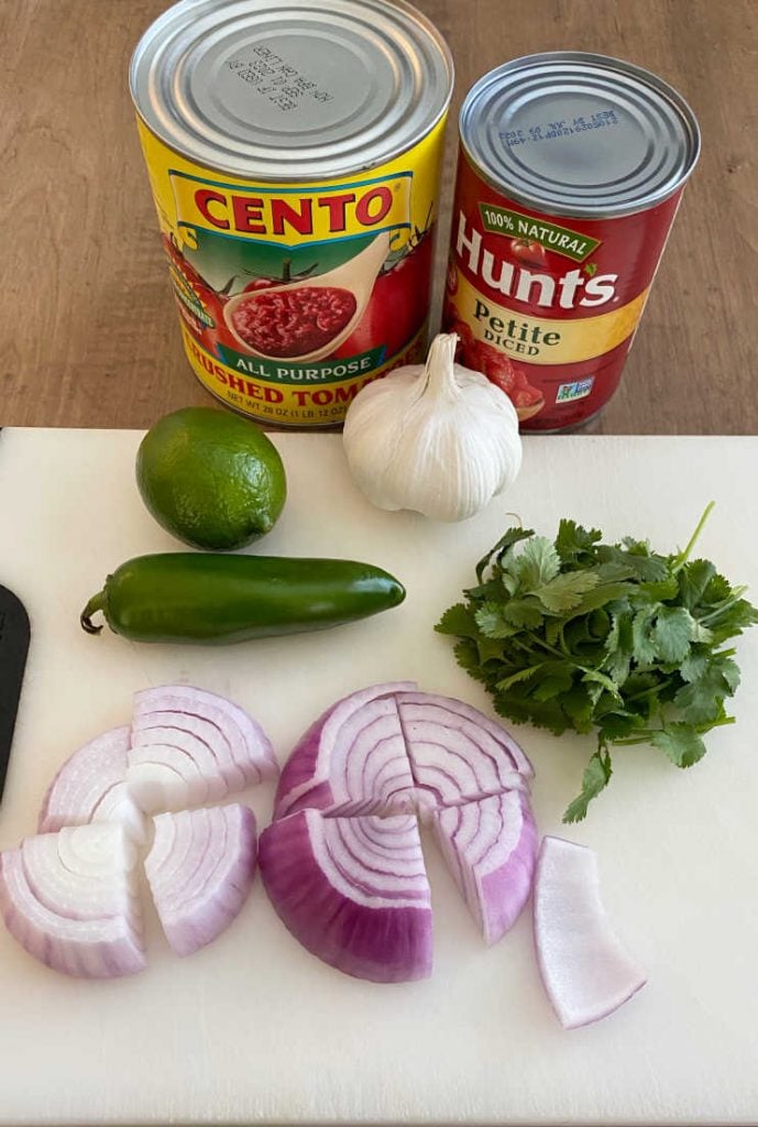 canned tomatoes, onion, lime, jalapeno pepper, cilantro and red onion ingredients