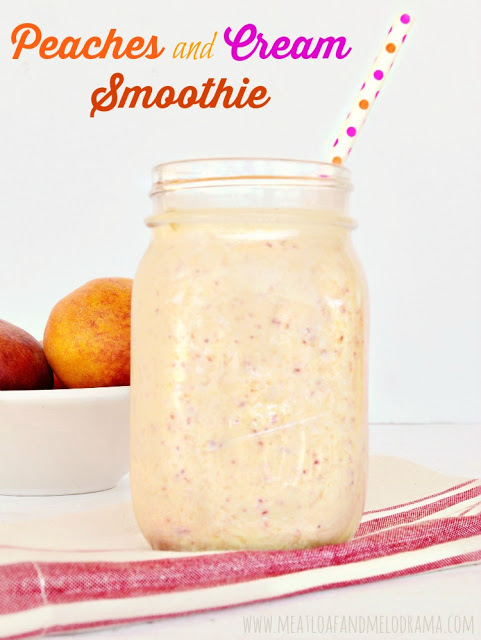 smoothie made with peaches vanilla yogurt and peach juice in a mason jar