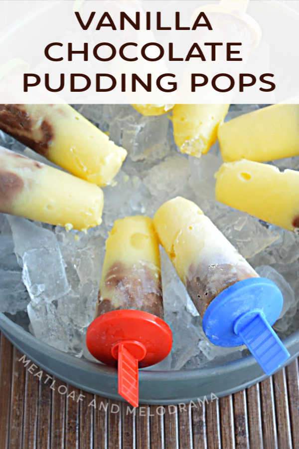 chocolate and vanilla pudding pops in a bowl of ice