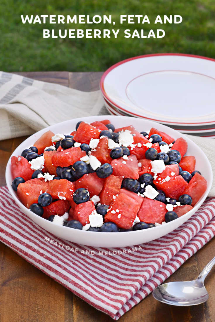Watermelon, Feta and Blueberry Salad is salty, sweet and an easy summer side dish that's perfect for the 4th of July or any patriotic holiday! via @meamel