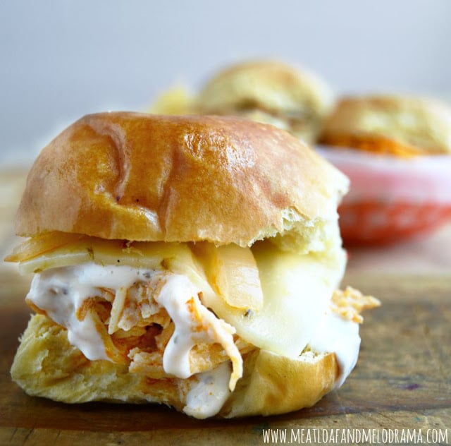 buffalo chicken sliders made in the slow cooker 