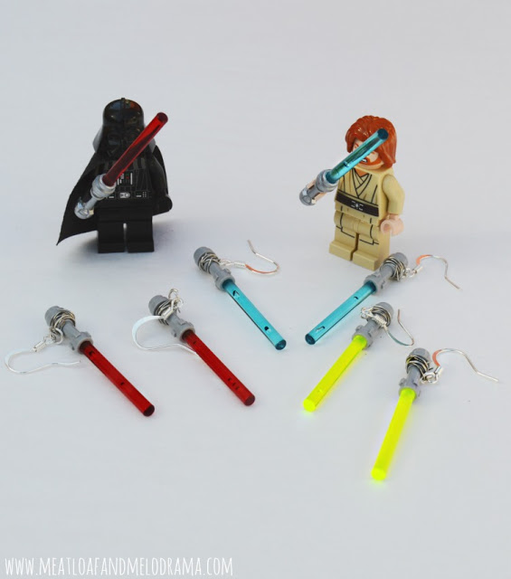 lego darth vader and obi wan with lego lightsaber earrings