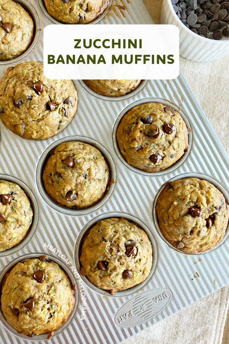 Zucchini Banana Muffins with Chocolate Chips is an easy recipe you make in just one bowl and a delicious way to use up zucchini. via @meamel
