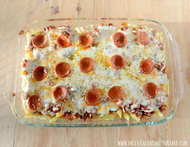baked pasta topped with cheese and pepperoni slices