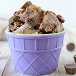 no churn chocolate peanut butter ice cream in purple cup