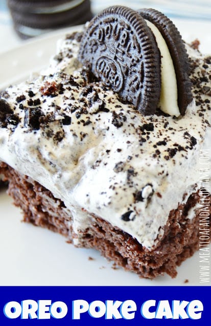 slice of oreo poke cake with vanilla cool whip frosting