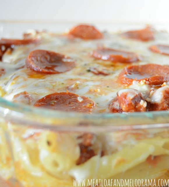 pizza pasta bake in a glass baking dish