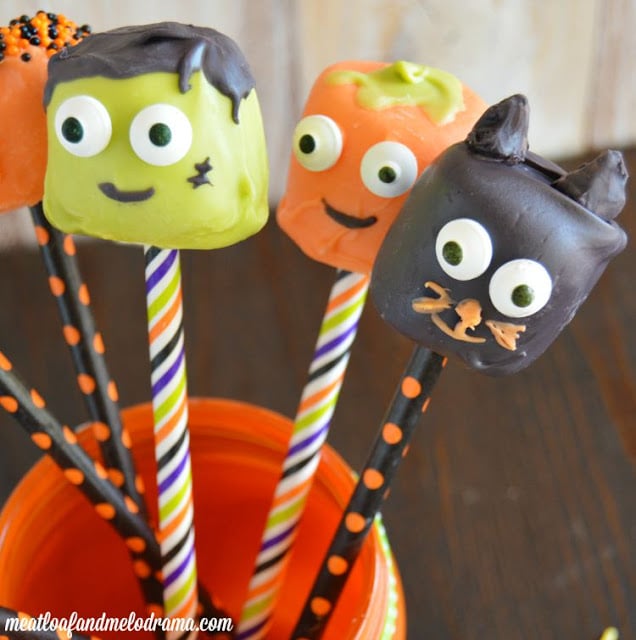 Frankenstein and pumpkin and black cat dipped marshmallows for Halloween