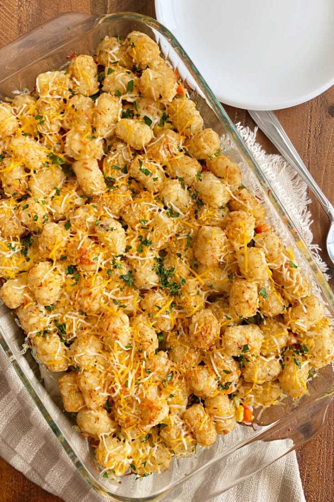 baked tater tot casserole on the table