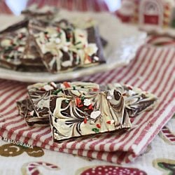 swirled white and chocolate peppermint bark on the table