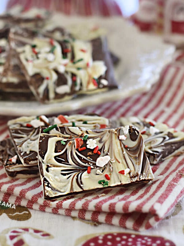swirled white and chocolate peppermint bark on the table