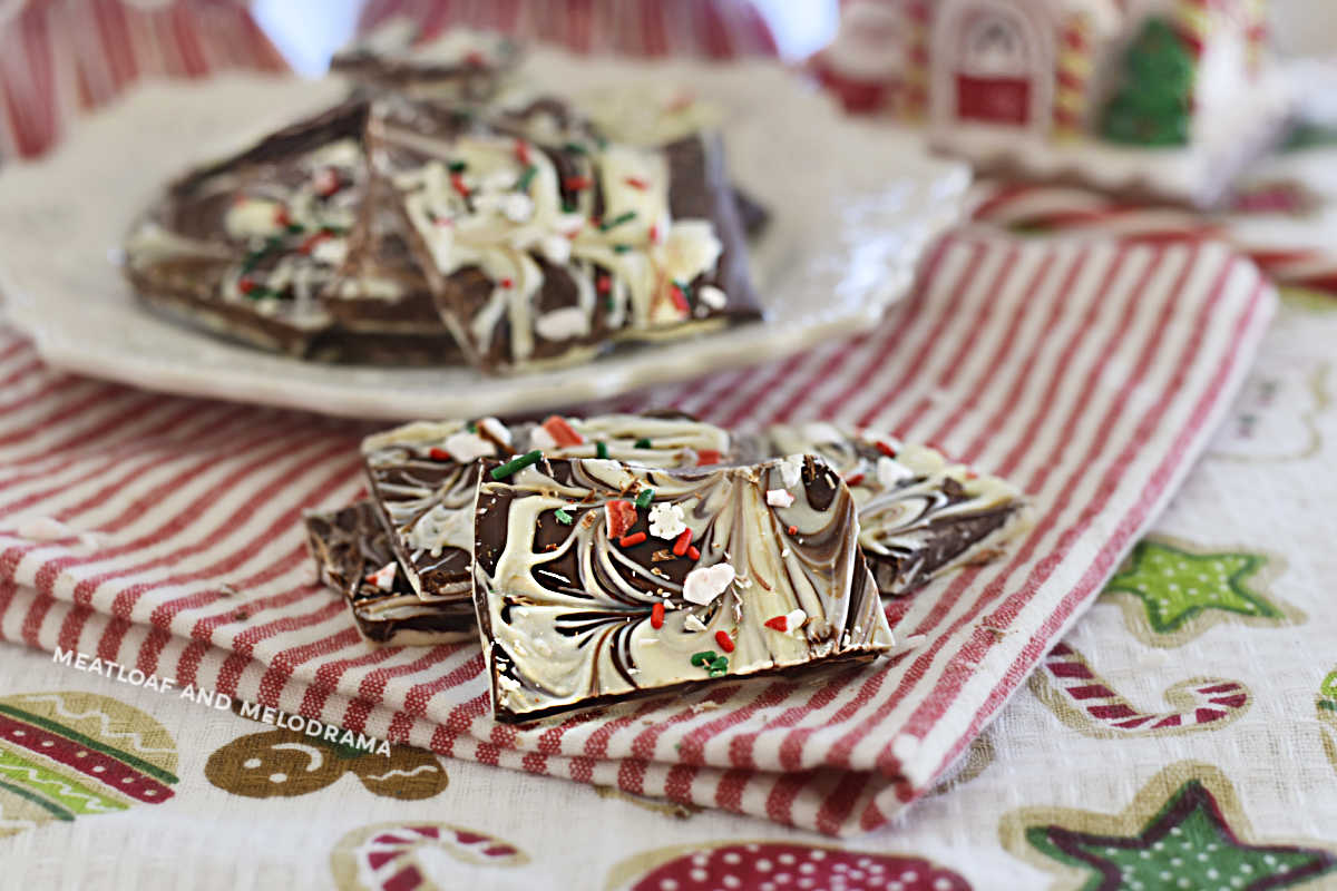 swirled white and chocolate peppermint bark on the table