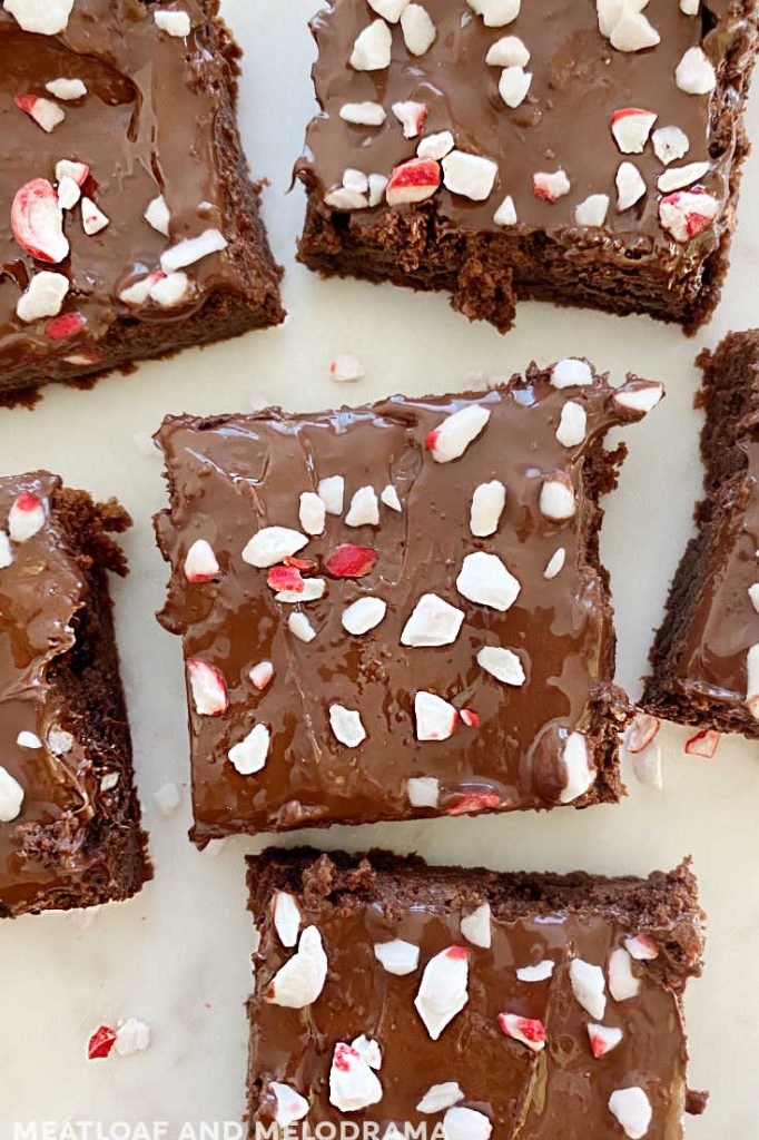 sliced brownies with crushed red and white mint candies on top