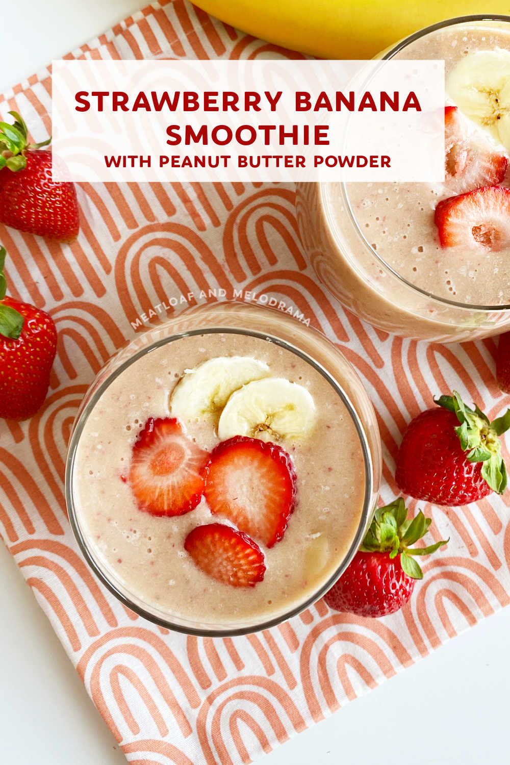 This Strawberry Banana Protein Smoothie recipe made with peanut powder and without yogurt is a delicious protein packed plant based breakfast or afternoon snack. Use oat milk or almond milk to keep this fruit smoothie dairy free!  via @meamel