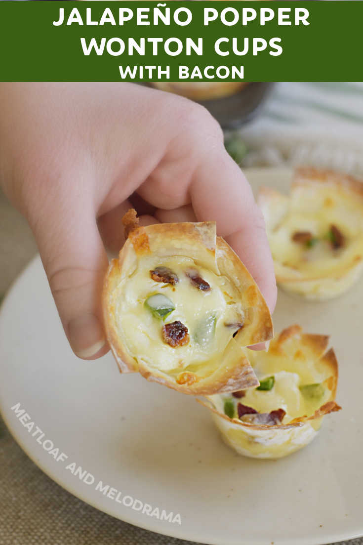 Jalapeño Popper Wonton Cups with cream cheese, mozzarella cheese and bacon bake in 10 minutes for a quick and easy 5 ingredient appetizer. They're perfect for game day, snacks or dinner! via @meamel