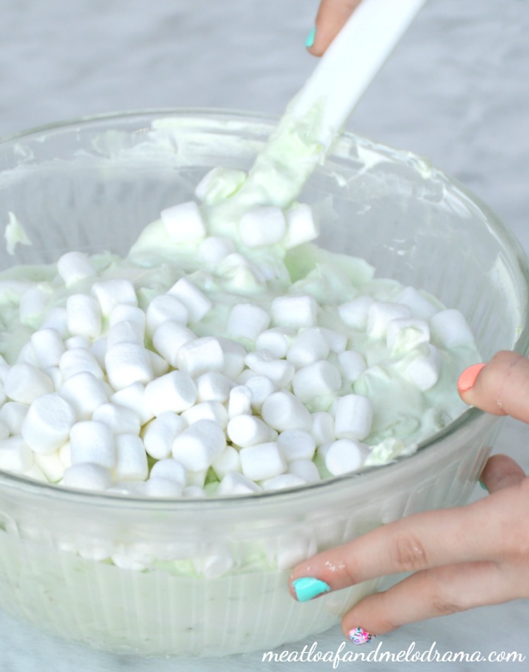 stir marshmallows in pistachio pudding fluff