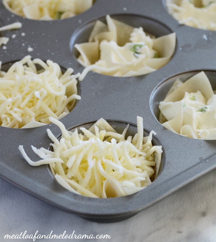 wonton wrappers with mozzarella cheese in muffin tin