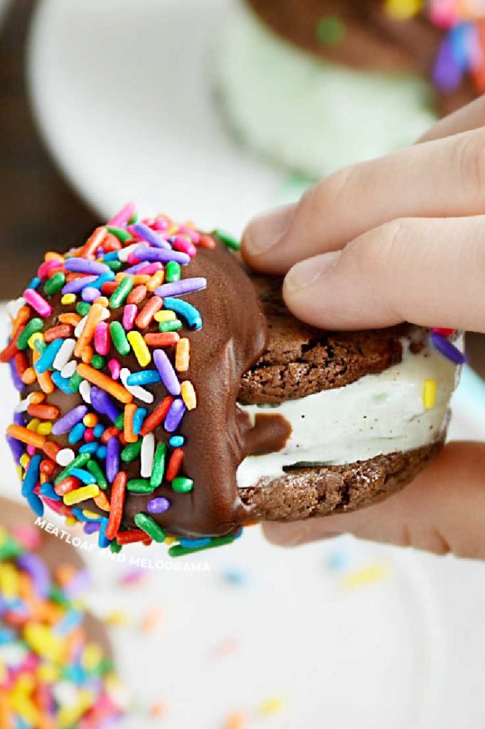 cookie ice cream sandwich in hand