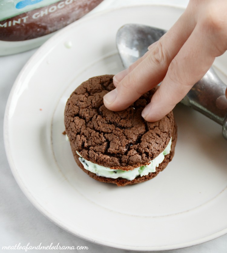 mint chip ice cream between two chocolate cookies