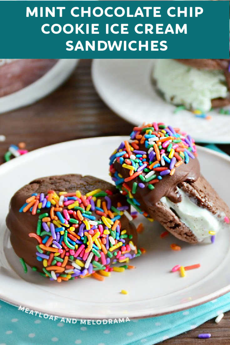 Mint Chocolate Chip Cookie Ice Cream Sandwiches made with soft and chewy cake mix cookies are perfect for an easy make ahead frozen summer dessert! via @meamel
