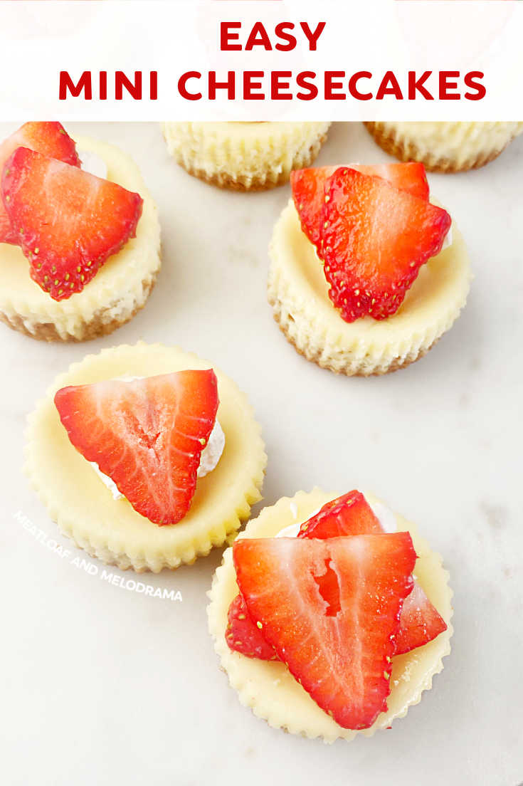 Mini Cheesecakes with graham cracker crust and creamy filling are a simple bite sized dessert. This cheesecake recipe is easy and delicious. Top with your favorite fresh fruit or pie filling. via @meamel