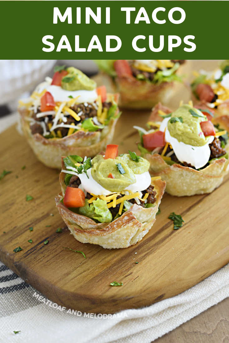Mini Taco Salad Cups are easy appetizers made with baked wonton wrappers filled with lettuce, leftover taco meat and your favorite toppings. These individual taco cups are perfect for parties, game day or as a quick dinner for the family. Prep them ahead of time, and they come together fast! via @meamel