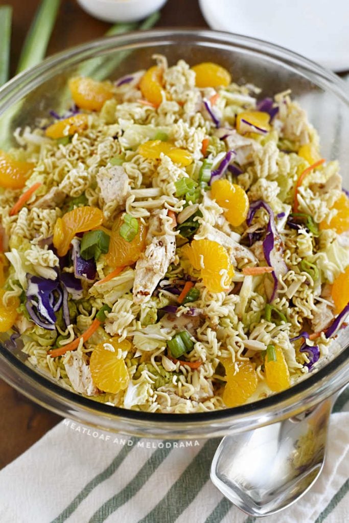 ramen chicken salad in a glass mixing bowl