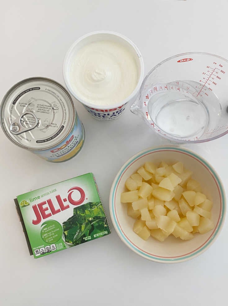 picture of jello, pineapple, pears, sour cream and water