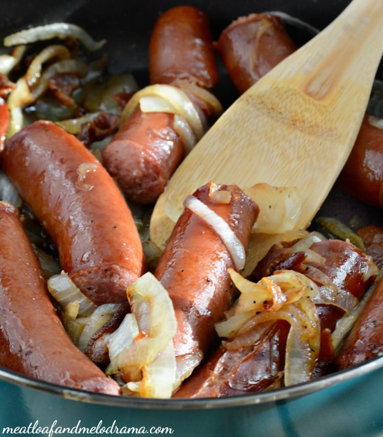 polish-sausage-dogs-onions-fry-pan