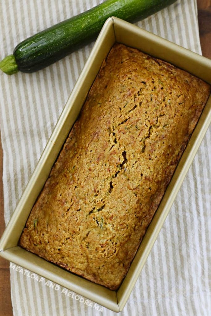 baked zucchini bread in metal loaf pan