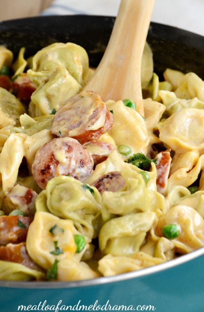 one-pot-creamy-kielbasa-tortellini-peas