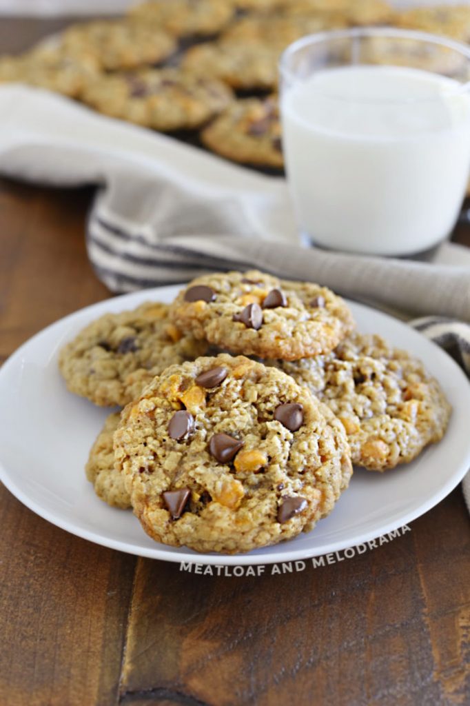 oatmeal cookies with butterscotch and chocolate chips on a plate