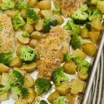 baked sheet pan honey mustard chicken and potatoes with broccoli