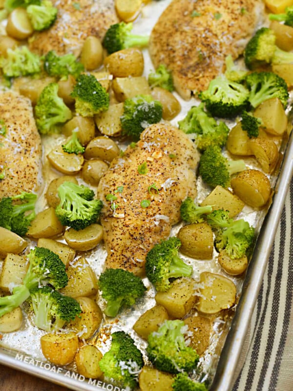 baked sheet pan honey mustard chicken and potatoes with broccoli