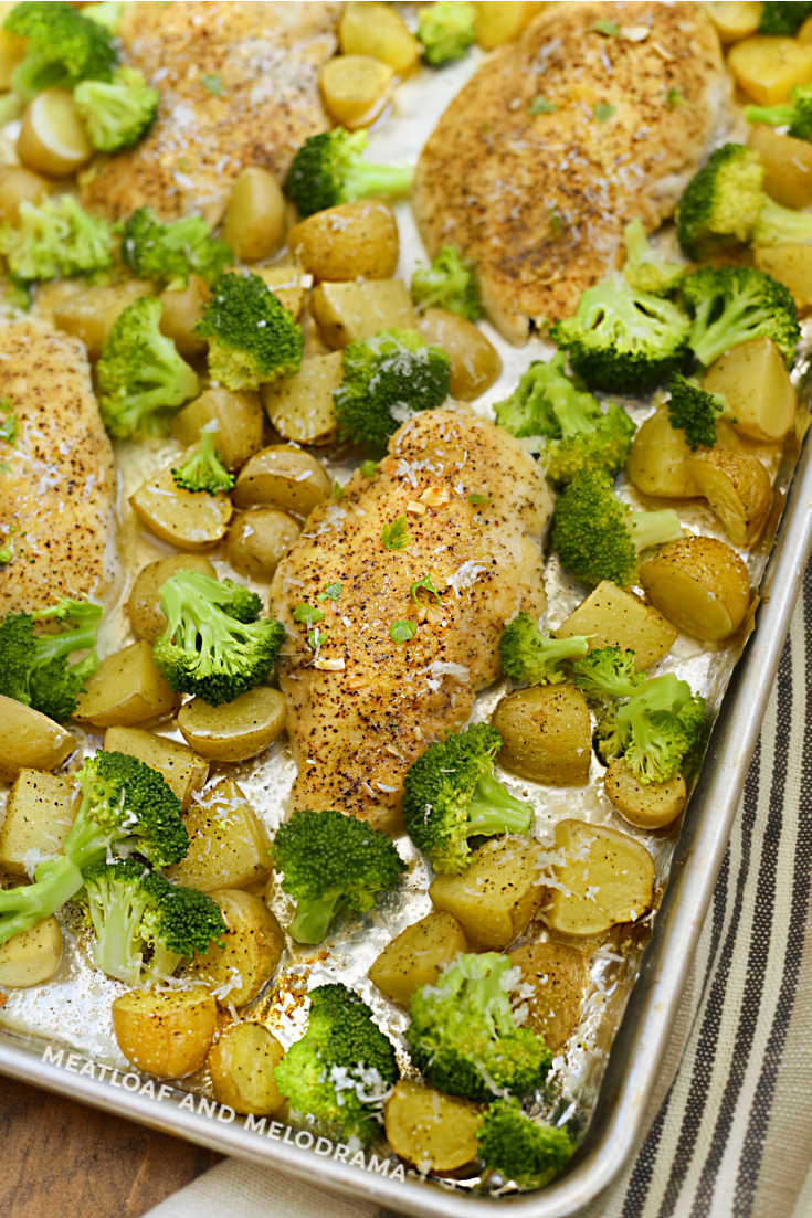 baked sheet pan honey mustard chicken and potatoes with broccoli