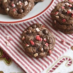 peppermint mocha cookies with peppermint chips on a red and white napkin