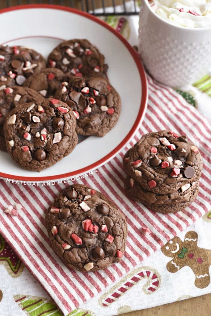 plate of chocolate cake mix cookies with peppermint chips