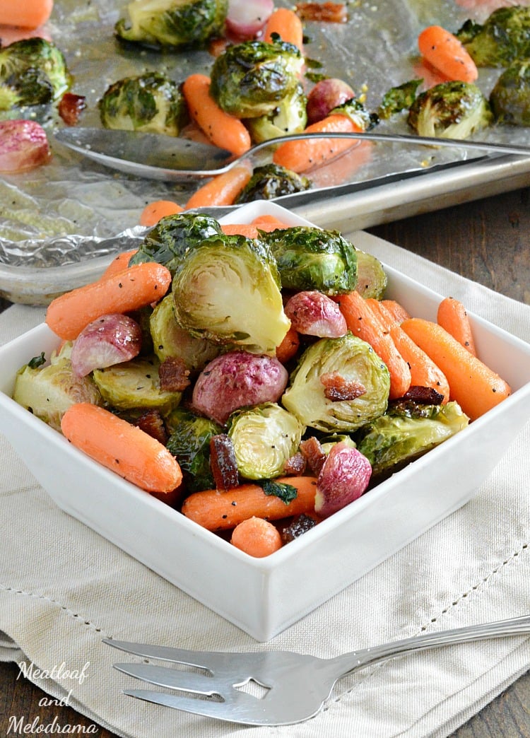easy-sheet-pan-roasted-veggies-bacon-carrots-radishes-brussels-sprouts-healthy-side-dish-meatloafandmelodrama.com