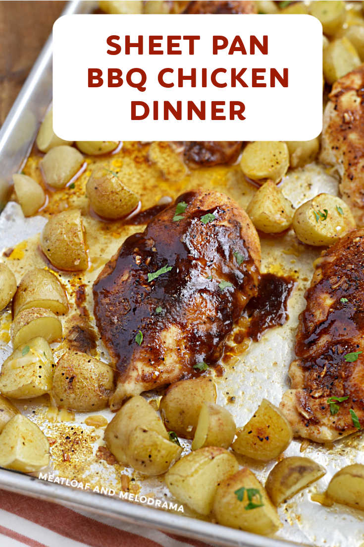 Sheet Pan BBQ Chicken with roasted potatoes is a quick and easy dinner recipe that takes just 30 minutes to bake and is super easy to clean up! via @meamel