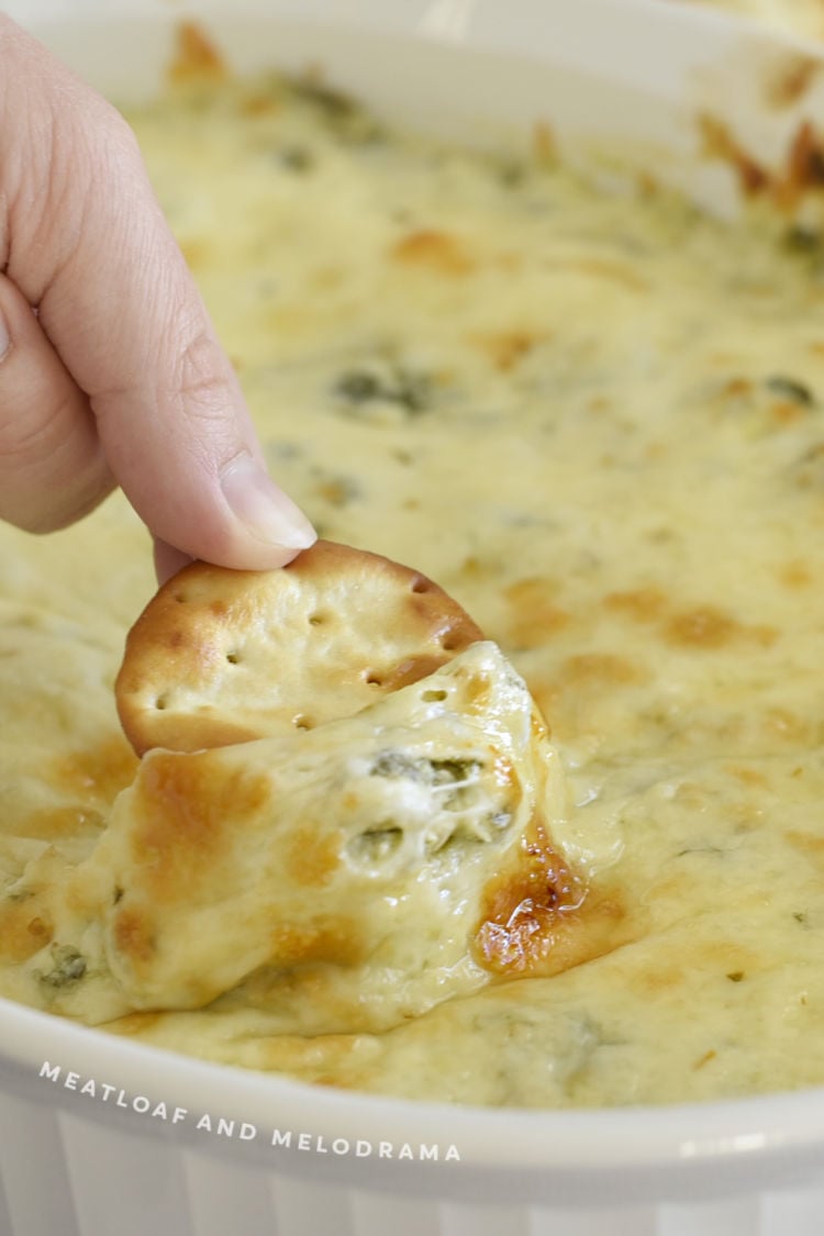 hot spinach artichoke dip with melted cheese on cracker