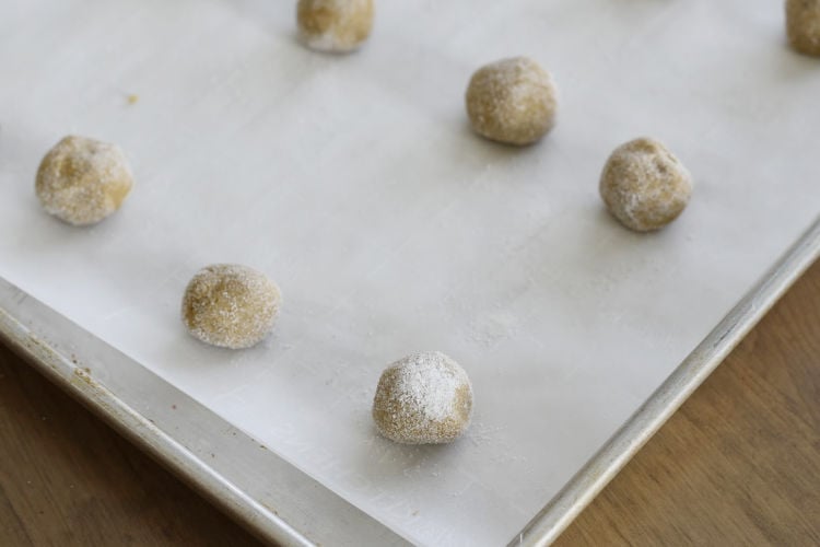 molasses cookie dough balls in white and red sugar