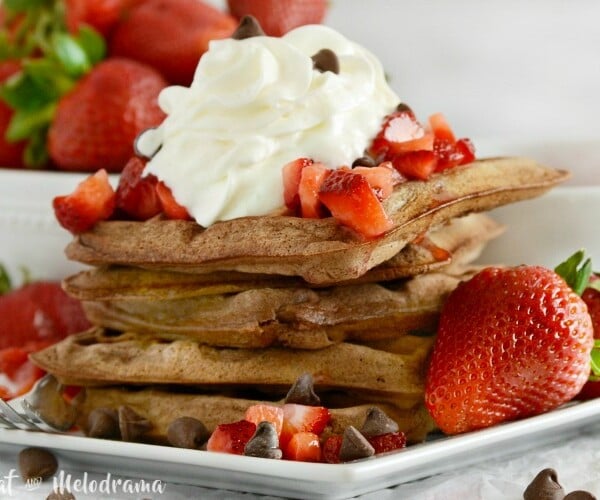 easy-chocolate- belgian-waffles-recipe-with-chocolate-chips-and-strawberries