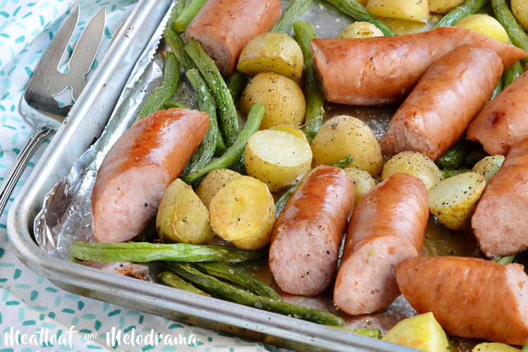 sheet pan smoked sausage dinner with potatoes and green beans