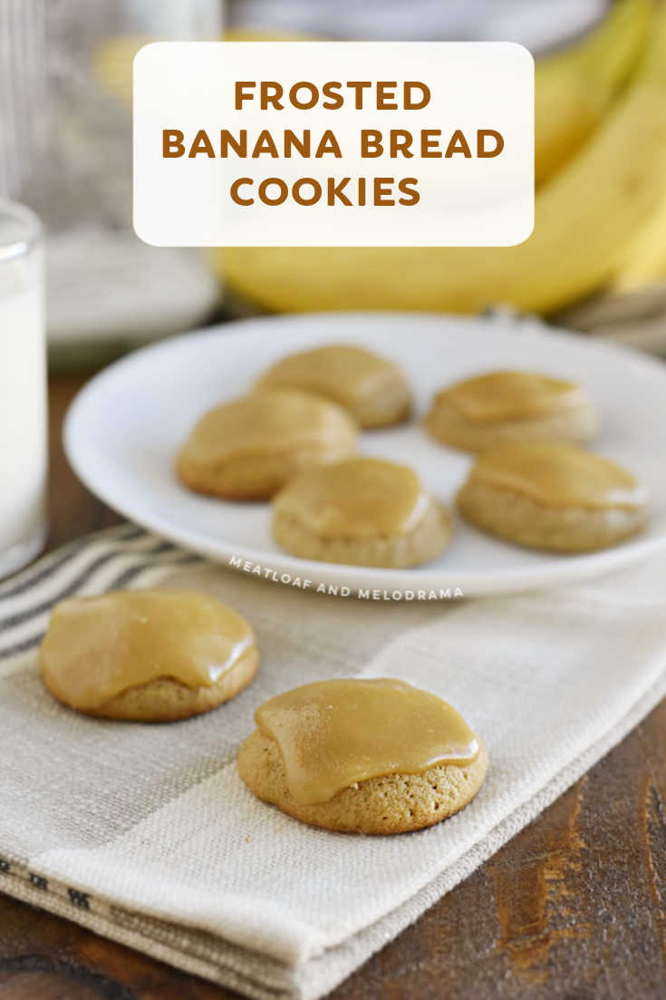 Frosted Banana Bread Cookies are super soft, chewy and topped with a delicious brown sugar frosting. This easy cookie recipe tastes just like banana bread! via @meamel