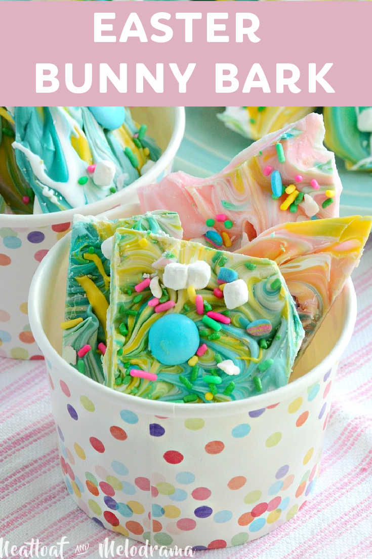 Easter Bunny Bark is an easy dessert made with white chocolate, candy melts, mini marshmallows and spring candies. A fun Easter treat! via @meamel