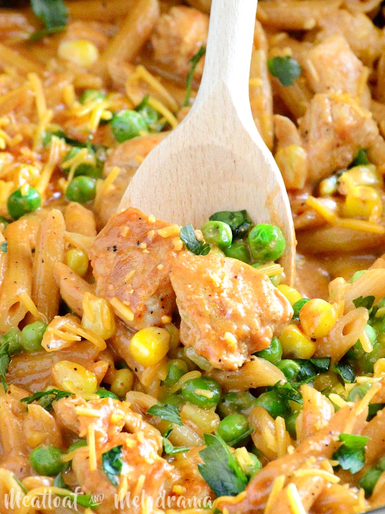 one pot cheddar bbq chicken pasta with peas and corn
