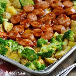 sheet pan bbq smoked sausage dinner with broccoli and potatoes