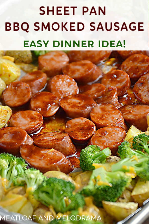 smoked sausage with bbq sauce and potatoes and broccoli on sheet pan