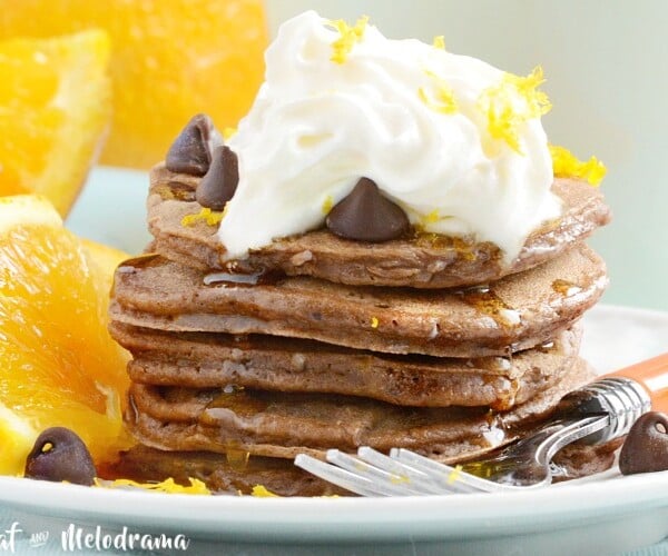 chocolate orange pancakes with chocolate chips and orange zest